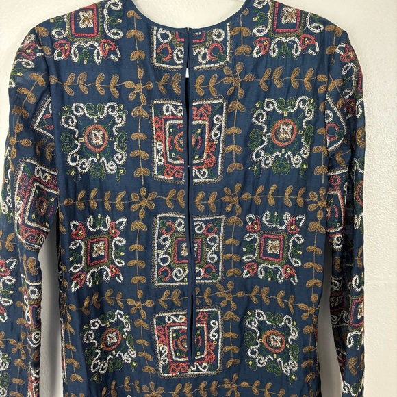 BCBG Maxazria Maxi Dress Womens Sz S Multicolor Embroidery Long Sleeve Blue Boho - Picture 7 of 7